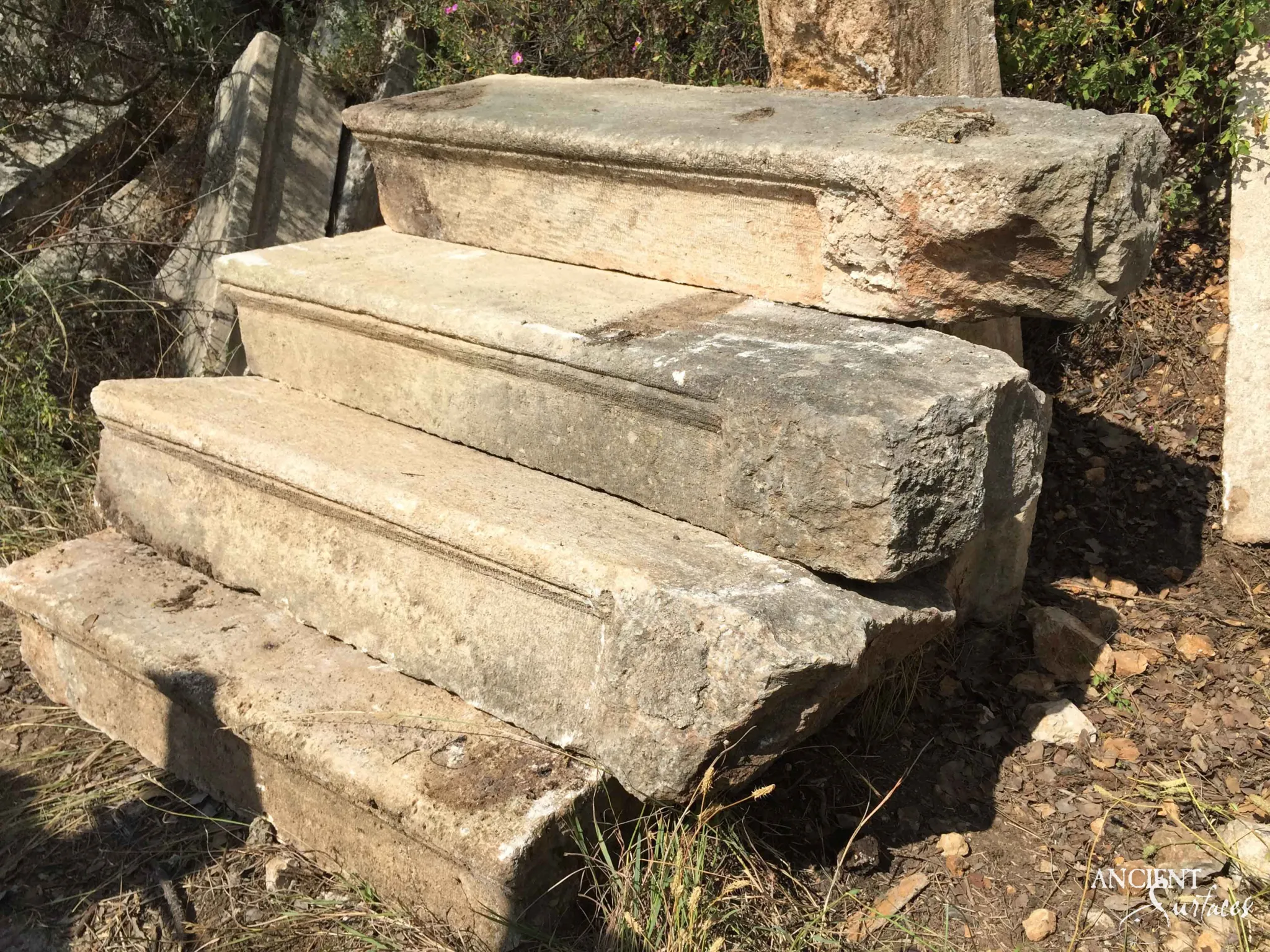 Four solid reclaimed antique limestone step blocks from Ancient Surfaces stacked into a short flight on rough scrub in full sun, each with a rounded bullnose front edge, lichen, old mortar and broken ends